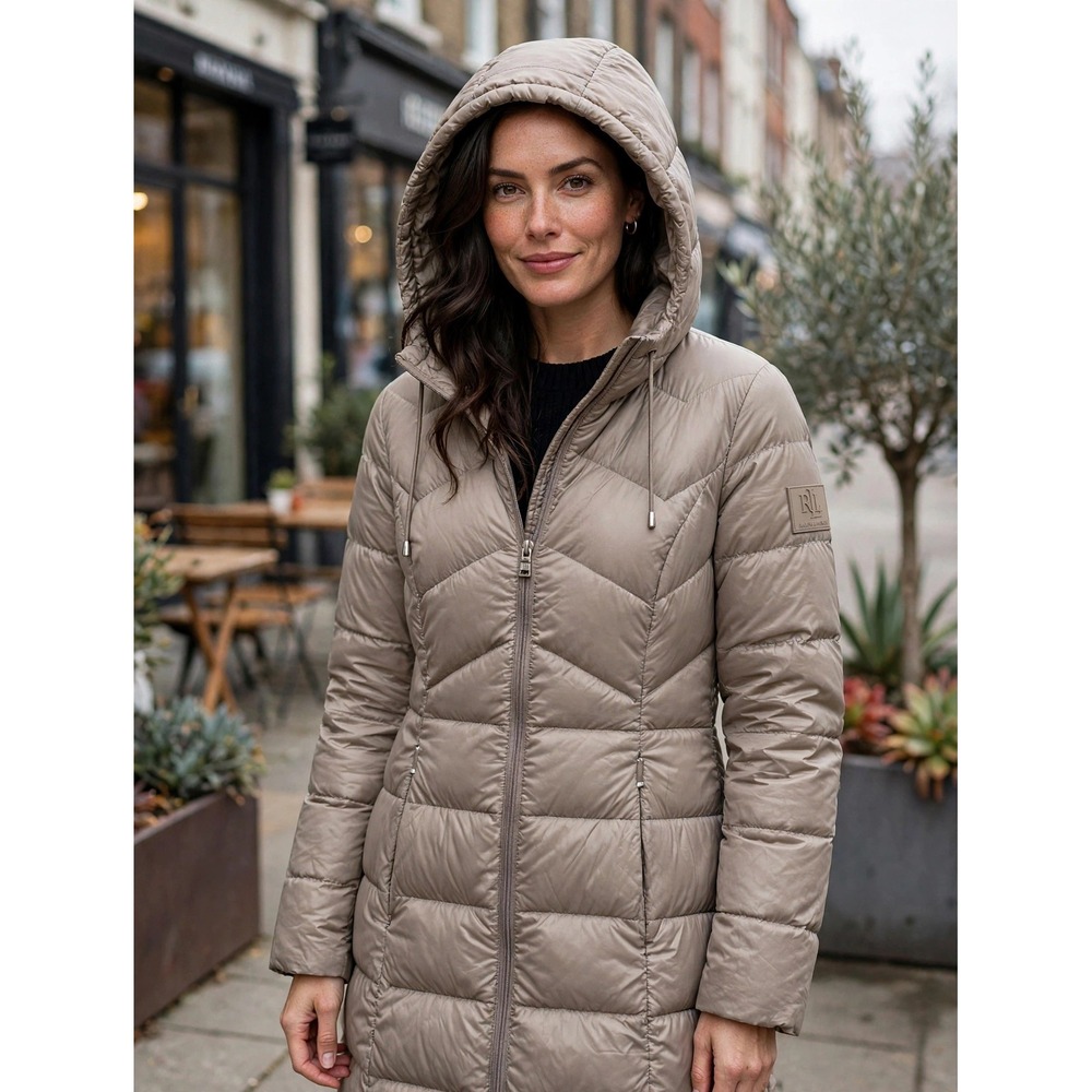 Lauren Ralph Lauren Packable Down Puffer Coat Taupe XS Quilted Jacket Hooded